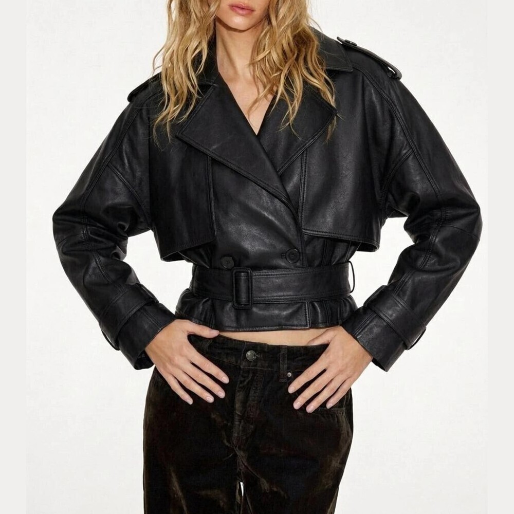Black Faux Leather Belted Ultra Cropped Trench Jacket